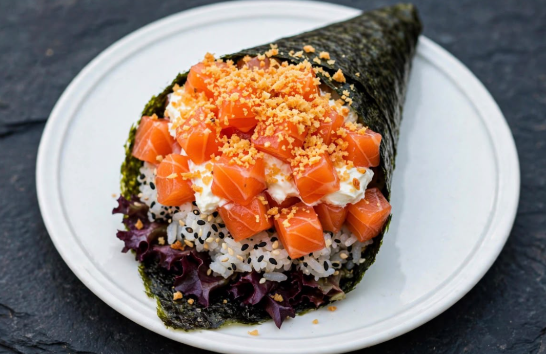 Temaki Salmão e Alho Frito